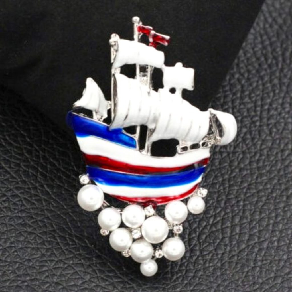 Red White And Blue Enamel Pearl Ship Crystal Pin 12$